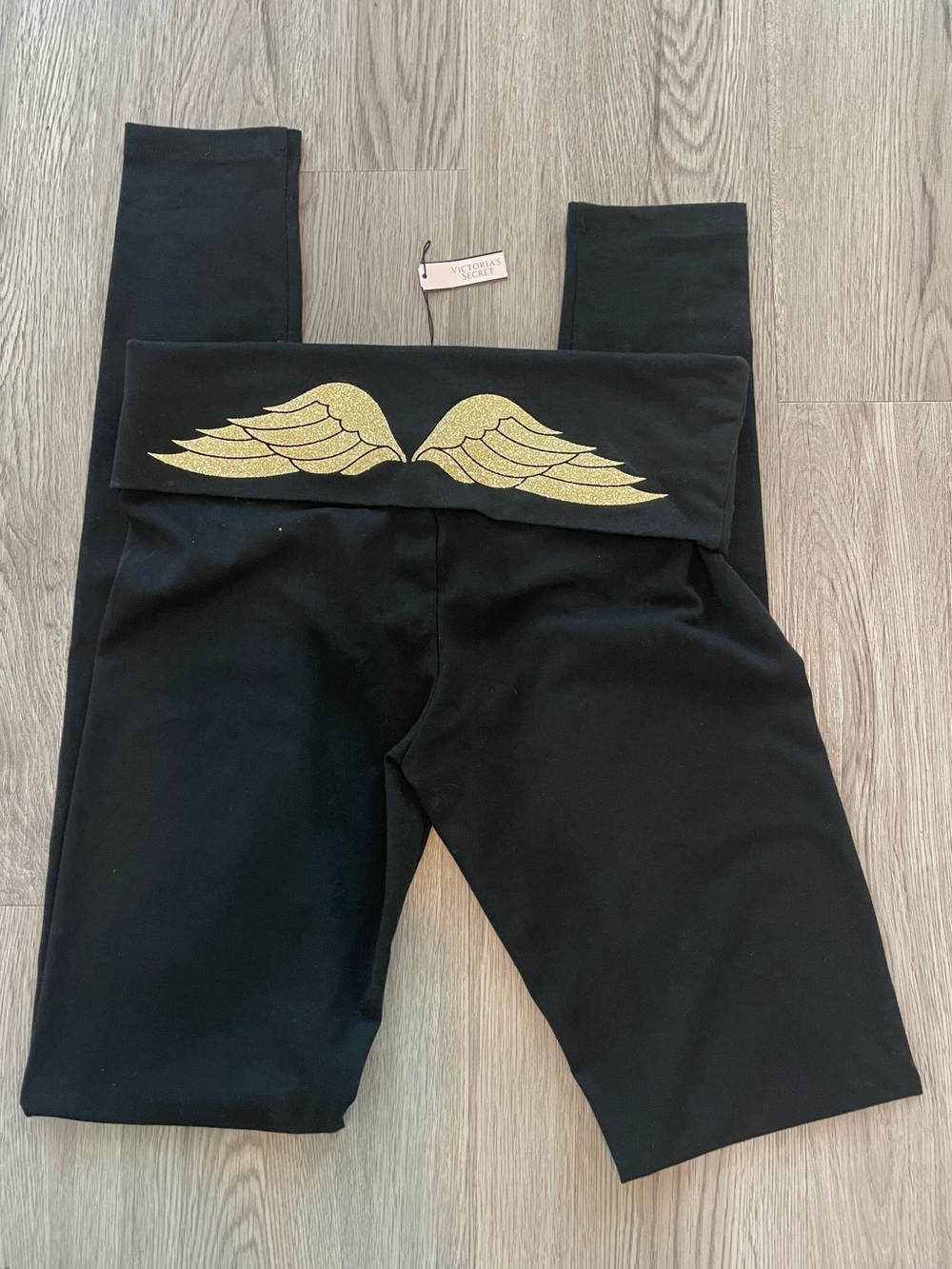 VTG Y2K Victoria's Secret fold over Black Leggings with Gold Wing deadstock